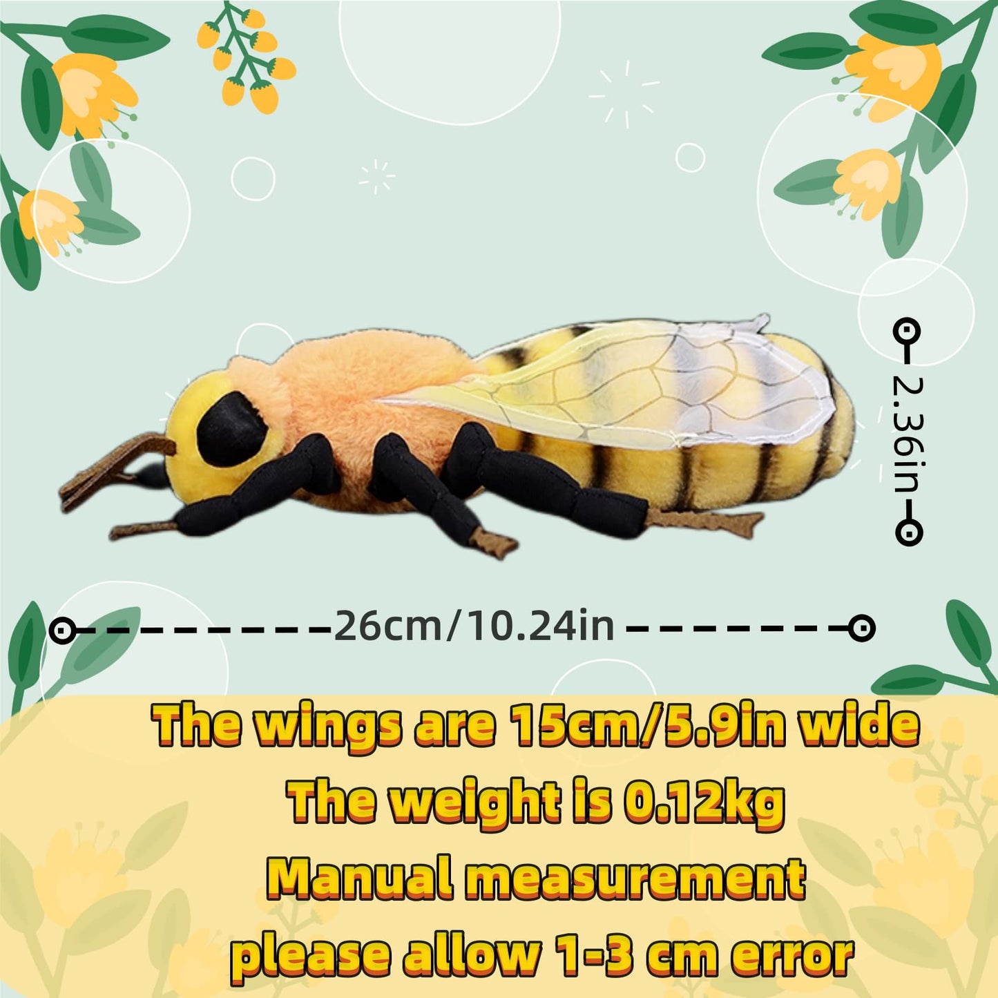 Realistic Bee Stuffed Animal-10.24",Honey Bee Plush Toy,Soft Toy for Kids,Home Decor,Hugging Toy