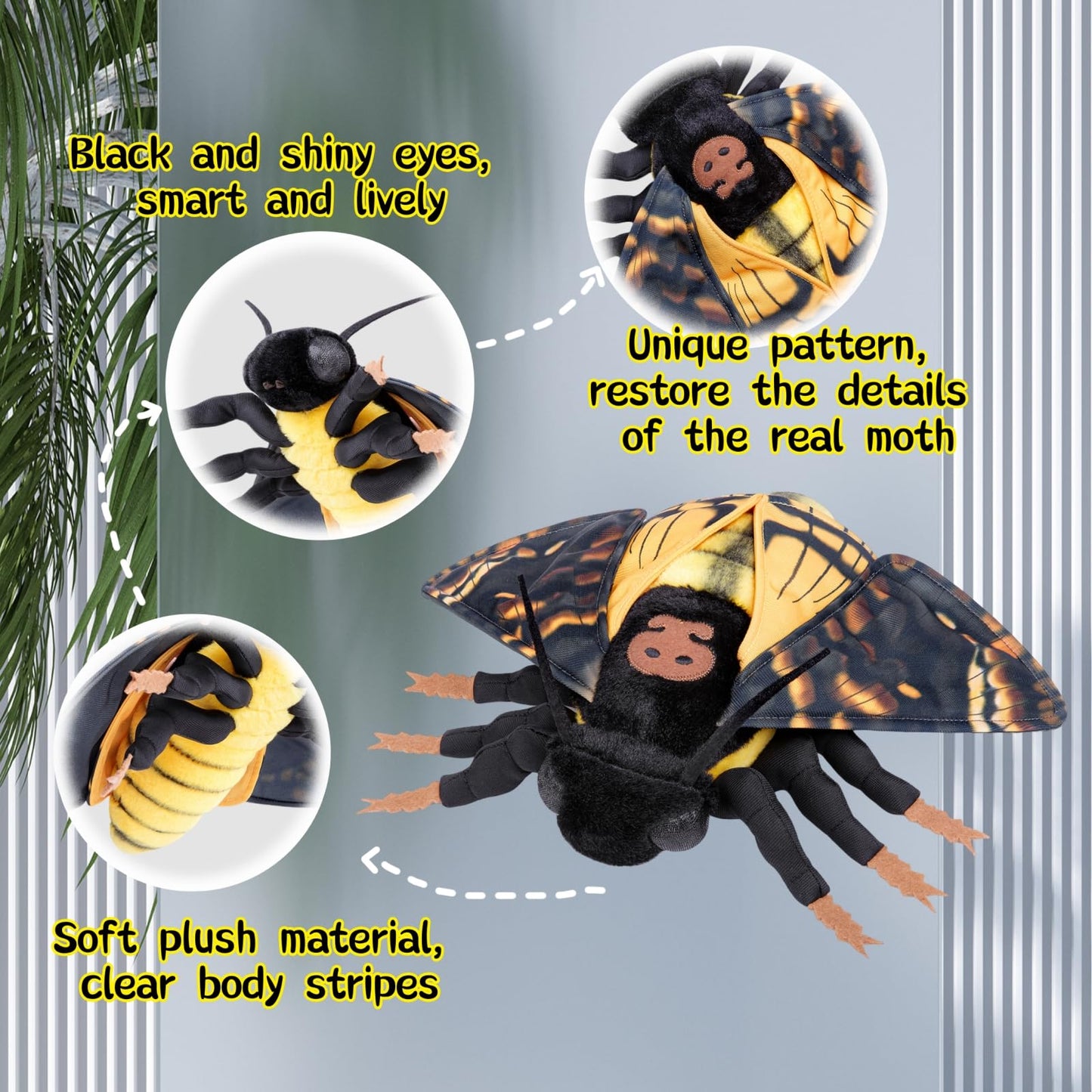 Simulation Deaths Head Hawk Moth Stuffed Animal-Yellow 9.8",Lifelike Death's-Head Hawkmoth Plush Toy, Moth Toy,Gifts for Kids,Home Decor