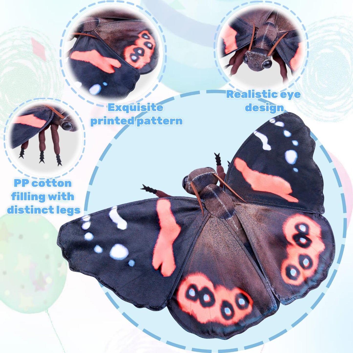 Realistic Red Admiral Butterfly Stuffed Animal-Black 10 Inch,Beautiful Moth Plush Toy
