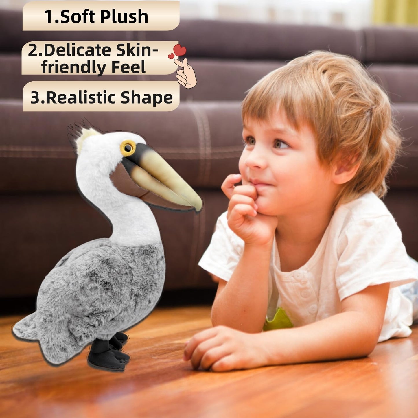 Simulation Pelican Bird Stuffed Animal-Gray 14",Pelican Plush Toy,Soft Big Bird Toy,Gifts for Kids, Home Decor